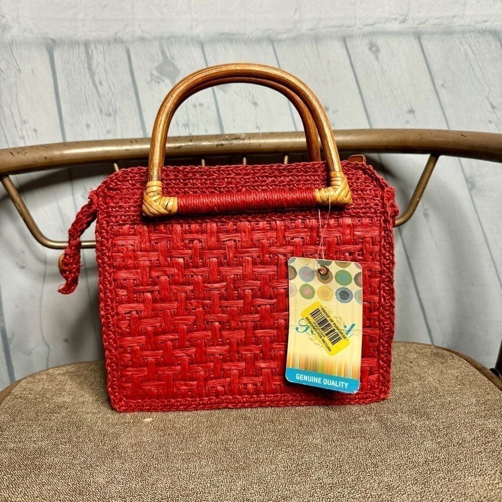 Vintage Fossil Woven Straw Bamboo Handle Tote Bag New Vacation Girly Cute - Picture 5 of 15